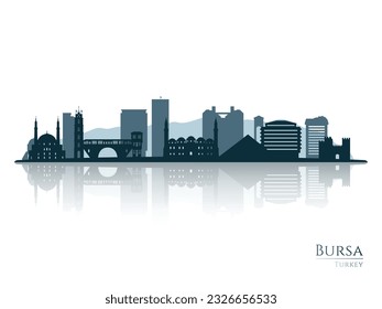Bursa skyline silhouette with reflection. Landscape Bursa, Turkey. Vector illustration.