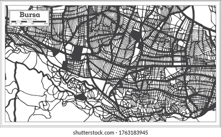 Mapa de la ciudad turca de Bursa en color blanco y negro en estilo retro. Mapa de esquema. Ilustración vectorial.
