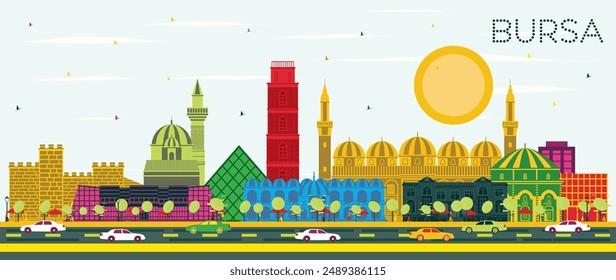 Bursa Turkey City Skyline with Color Buildings and Blue Sky. Vector Illustration. Business Travel and Concept with Historic Architecture. Bursa Cityscape with Landmarks.