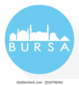 Bursa, Turkey Round Button City Skyline Design. Silhouette Stamp Vector Travel Tourism.