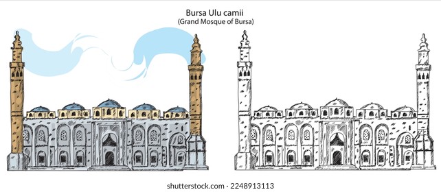 bursa ulu camii, Grand Mosque of Bursa Hand drawing vector illustration line art. Art of the great architect Sinan 