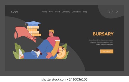 Bursary concept. Poor young man contemplates a financial bursary, symbolic of need-based educational aid. Help to get higher education for vulnerable groups of people. Flat vector illustration