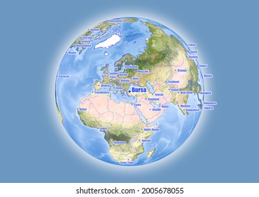 Bursa-Turkey is shown on vector globe map. The map shows Bursa-Turkey 's location in the world.