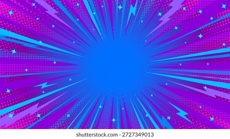 Burst abstrato pop art vetor história em quadrinhos com neon azul linhas de velocidade raios dinâmicos, textura de meio-tom roxo, estrelas raios. Modelo de explosão de captura de olhos. Efeitos de mangá de alta energia negrito