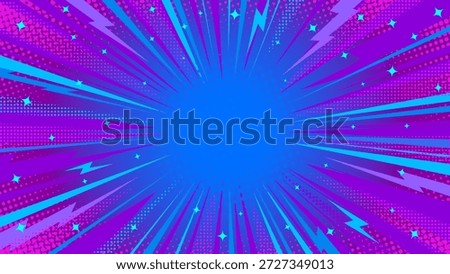 Burst Abstract Pop Art Comic Vector Background with Neon Blue Speed Lines Dynamic Rays, Purple Halftone Texture, Stars Lightning Bolts. Eye Catching Explosion Template. High Energy Bold Manga Effects