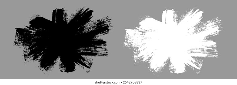 Burst brush stroke vector. Black and white explosion text boxes. Grunge design elements. Painted prickly shapes