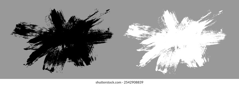 Burst brush stroke vector. Black and white explosion text boxes. Grunge design elements. Painted prickly shapes