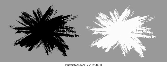 Burst brush stroke vector. Black and white explosion text boxes. Grunge design elements. Painted prickly shapes