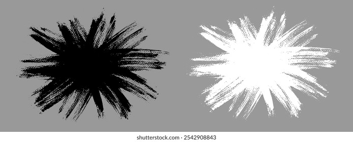 Burst brush stroke vector. Black and white explosion text boxes. Grunge design elements. Painted prickly shapes