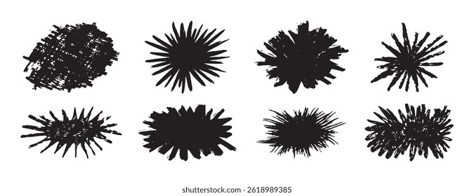 burst brush strokes vector set. grunge exploding shape text boxes. dirty distress texture shape set. Vector illustration