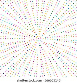 Burst from circles. Abstract dotted surface. Festive background with colored particles. Retro, vintage, hipster style starburst
