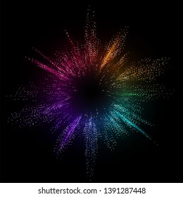 Burst color vector background. Dot liquid flow 3d design illustration. Geometric dynamic particles explosion concept.
