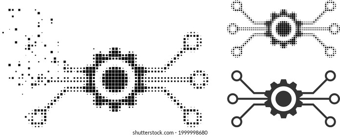 Icono de tecnología digital Burst dot con versión de semitono. Efecto de destrucción de vectores para el pictograma de tecnología digital. El efecto de ráfaga de píxeles para la tecnología digital reproduce la velocidad de los objetos del ciberespacio.