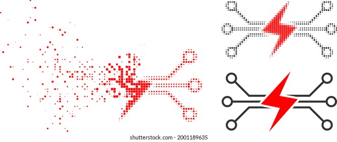 Burst dot energy circuit icon with halftone version. Vector destruction effect for energy circuit symbol. Pixel mist effect for energy circuit shows motion of cyberspace items.