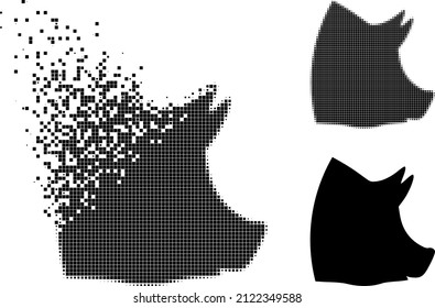 Burst dot pork head icon with halftone version. Vector wind effect for pork head icon. Pixelated burst effect for pork head demonstrates movement of virtual concepts.