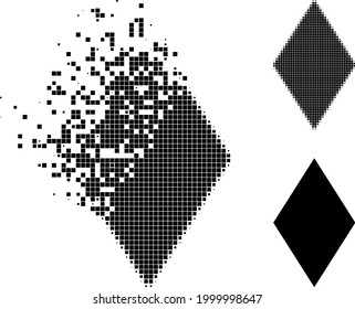 Burst dot rhombus glyph with halftone version. Vector wind effect for rhombus symbol. Pixelated burst effect for rhombus gives motion of virtual concepts.