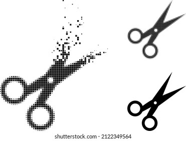 Burst dot scissors pictogram with halftone version. Vector destruction effect for scissors pictogram. Pixelated destruction effect for scissors demonstrates motion of cyberspace abstractions.