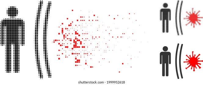 Pictograma del escudo de virus Burst dot con versión de semitono. Efecto de viento vectorial para el pictograma de protección de virus. El efecto de erosión de píxeles para el blindaje de virus reproduce la velocidad de los conceptos virtuales.