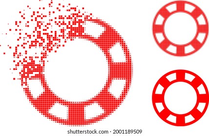 Burst dotted casino chip icon with halftone version. Vector destruction effect for casino chip icon. Pixelated burst effect for casino chip demonstrates movement of virtual world.