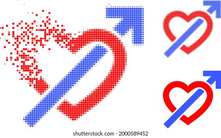 Burst dotted heart penetration arrow pictogram with halftone version. Vector destruction effect for heart penetration arrow icon.