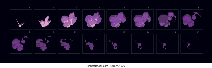 Burst explosion animation . Purple burst explode effect for animation, sprite sheet for game, cartoon or animation burst explosion.-vector