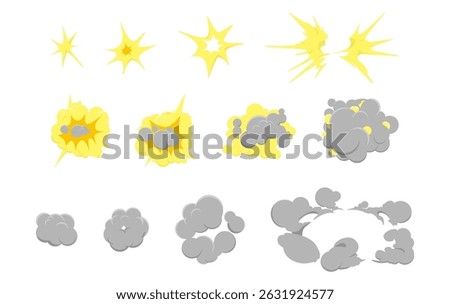 Burst or explosion cartoon effects. Bomb or explosive detonation, rocket launch smoke trace and dust cloud. comic boom, bang or hit, attack blast