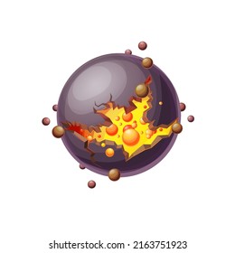 Burst of fantasy planet, far alien world isolated flat cartoon icon. Vector fiery globe in space, damaged planet, planetary object. Galaxy exoplanet deep desert surface, burning sphere in outer space