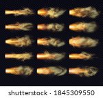 Burst of flame with smoke and particles bursts from the barrel of a firearm. Shot from a gun, pistol, automatic weapon, cannon. Set of several realistic design elements with a transparency effect