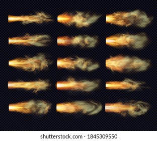Burst of flame with smoke and particles bursts from the barrel of a firearm. Shot from a gun, pistol, automatic weapon, cannon. Set of several realistic design elements with a transparency effect