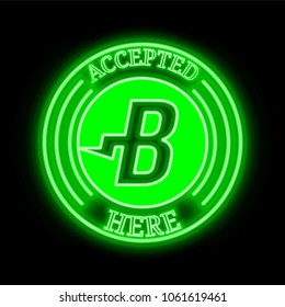 Burst (BURST) green  neon cryptocurrency symbol in round frame with text "Accepted here". Vector illustration isolated on black background