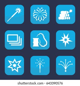 Burst icon. set of 9 filled burst icons such as sparklers, sparkler, fireworks, burst, dynamite, smoking can