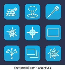 burst icon. Set of 9 outline burst icons such as sparklers, fireworks, burst, dynamite, explosion