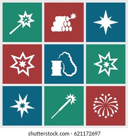 Burst icons set. set of 9 burst filled icons such as sparklers, fireworks, dynamite, explosion, smoking can