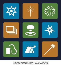 Burst icons set. set of 9 burst filled icons such as sparklers, sparkler, fireworks, burst, dynamite, explosion, smoking can