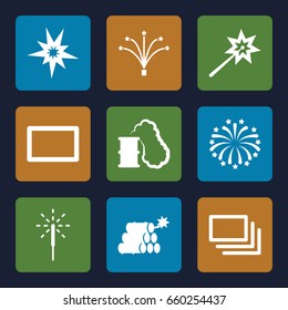 Burst icons set. set of 9 burst filled icons such as sparkler, fireworks, burst, dynamite, smoking can, explode