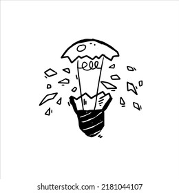 Burst light bulb. Crack in lightbulb. Sketch Shards of glass. Concept of idea and solution of problem. Doodle drawn Electric light.