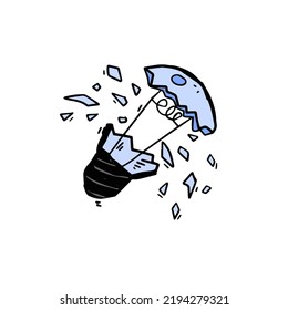 Burst light bulb. Crack in lightbulb. Sketch Shards of glass. Concept of idea and solution of problem. Doodle drawn Electric light.