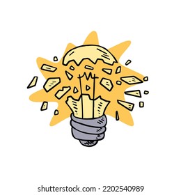 Bombilla de ráfaga. Crac en la bombilla. Esbozo de las partes de vidrio. Concepto de idea y solución de problemas. Doodle dibujó luz eléctrica.