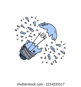 Burst light bulb. Crack in lightbulb. Sketch Shards of glass. Concept of idea and solution of problem. Doodle drawn Electric light.