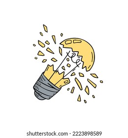 Burst light bulb. Crack in lightbulb. Sketch Shards of glass. Concept of idea and solution of problem. Doodle drawn Electric light.