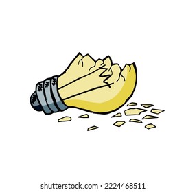 Burst light bulb. Crack in lightbulb. Sketch Shards of glass. Concept of idea and solution of problem. Doodle drawn Electric light.