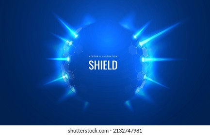 Burst light, effect bubble circle shield in futuristic style vector illustration on a blue background. Dome geometric in the form of an energy shield in an abstract glowing style. Template concept in 