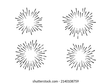 Burst line vector icon, sun drawn, star set, retro circle sunshine, black doodle starburst element isolated on white background. Simple illustration