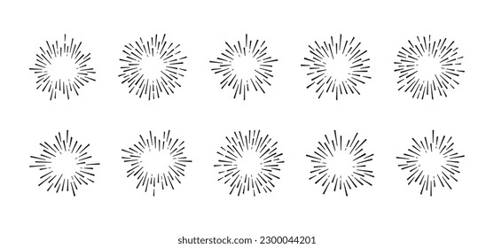 Burst line vector icon, sun ray star set, retro circle sunshine, black starburst drawn element isolated on white background. Simple round illustration