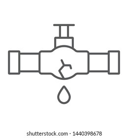 Burst Oil Pipe Thin Line Icon, Crack And Plumber, Oil Leak Sign, Vector Graphics, A Linear Pattern On A White Background, Eps 10.