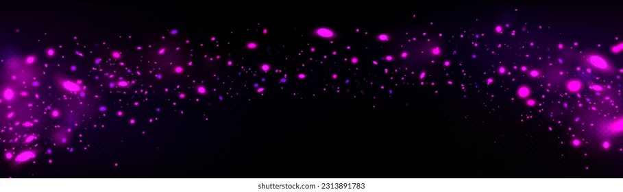 Burst of pink light sparkles glowing on transparent background. Vector realistic illustration of shiny color fireflies, magic power effect, confetti bokeh overlay pattern, abstract stardust texture