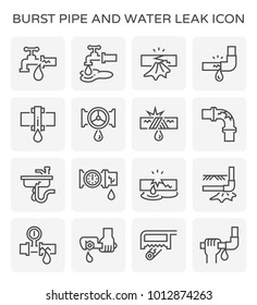 Burst Pipe And Water Leak Or Plumbing Problem And Repair Icon Such As Burst, Leaking, Noise And Frozen At Water Supply Pipe, Faucet, Valve Control, Fitting, Connector, Meter And Underground Location.