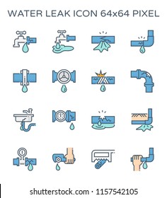 Burst Pipe And Water Leak Or Plumbing Problem And Repair Icon Such As Burst, Leaking, Noise And Frozen At Water Supply Pipe, Faucet, Valve Control, Fitting, Connector, Meter And Underground Location.