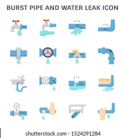 Burst Pipe And Water Leak Or Plumbing Problem And Repair Icon Such As Burst, Leaking, Noise And Frozen At Water Supply Pipe, Faucet, Valve Control, Fitting, Connector, Meter And Underground Location.