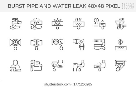 Burst pipe and water leak or plumbing problem and repair icon such as burst, leaking, noise and frozen at water supply pipe, faucet, valve control, fitting, connector, meter and underground location.